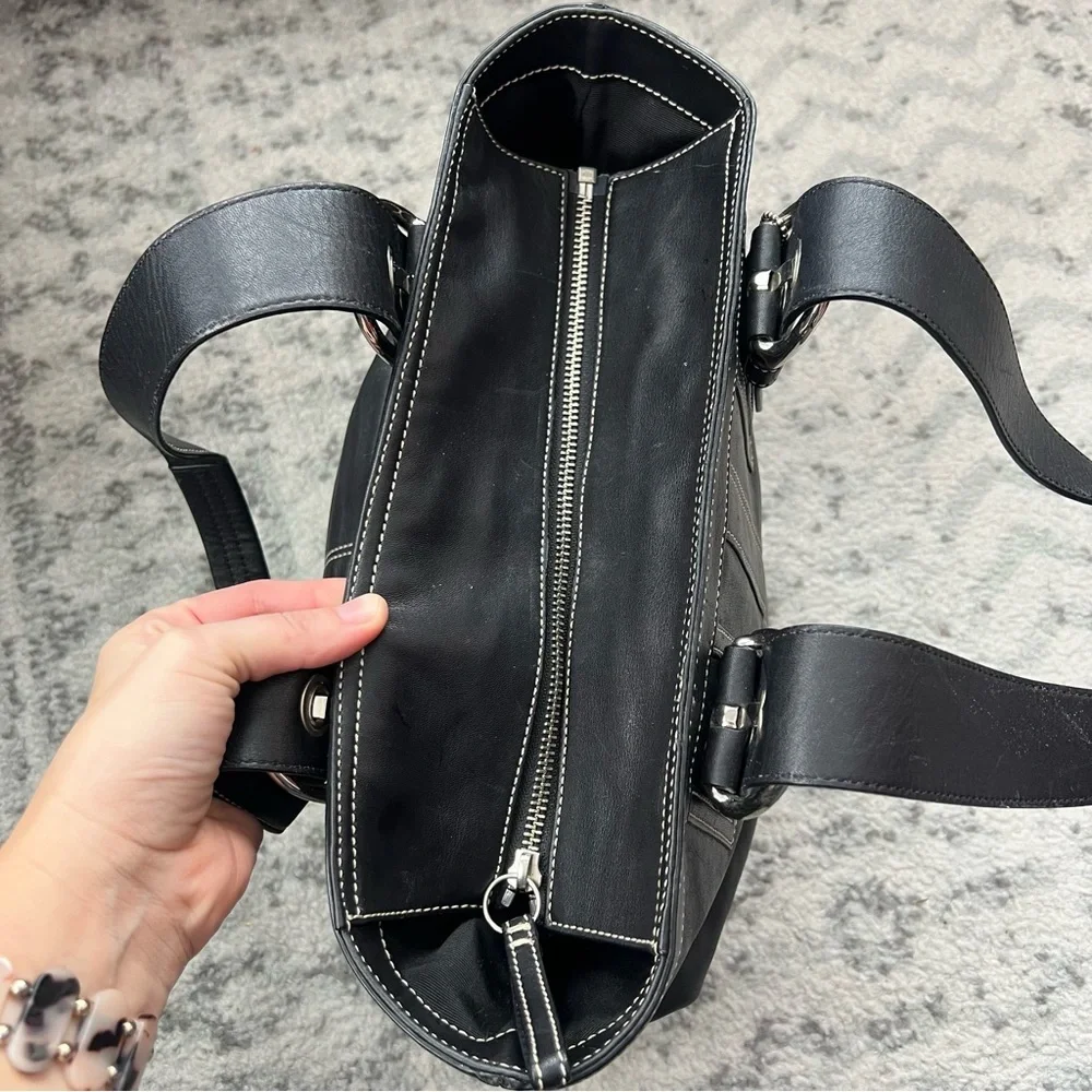 Coach Black Leather Tote with White Stitching